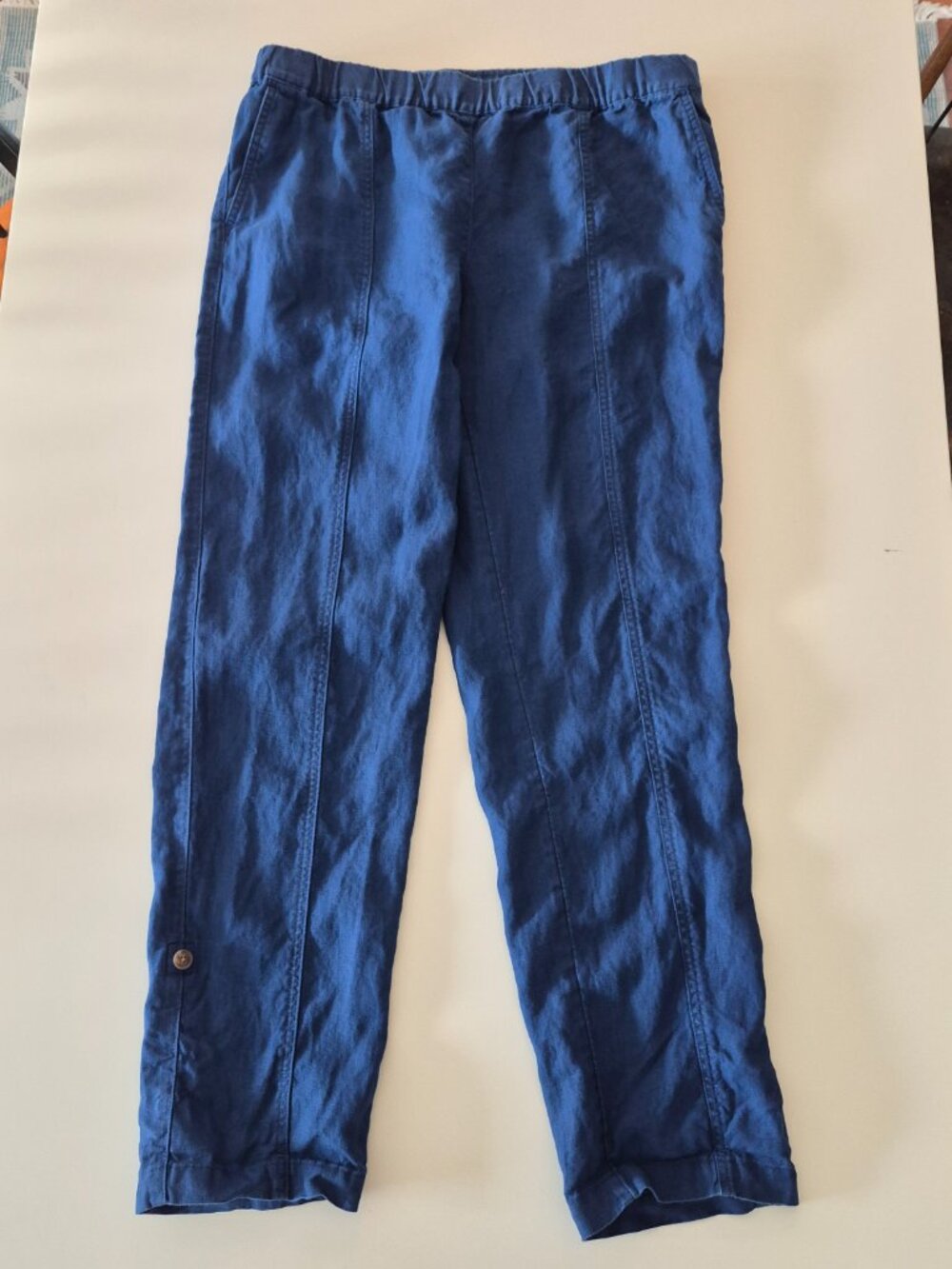 J.Jill Love Linen Pants Womens M 100% Linen Pull On Button Hem Coastal Blue